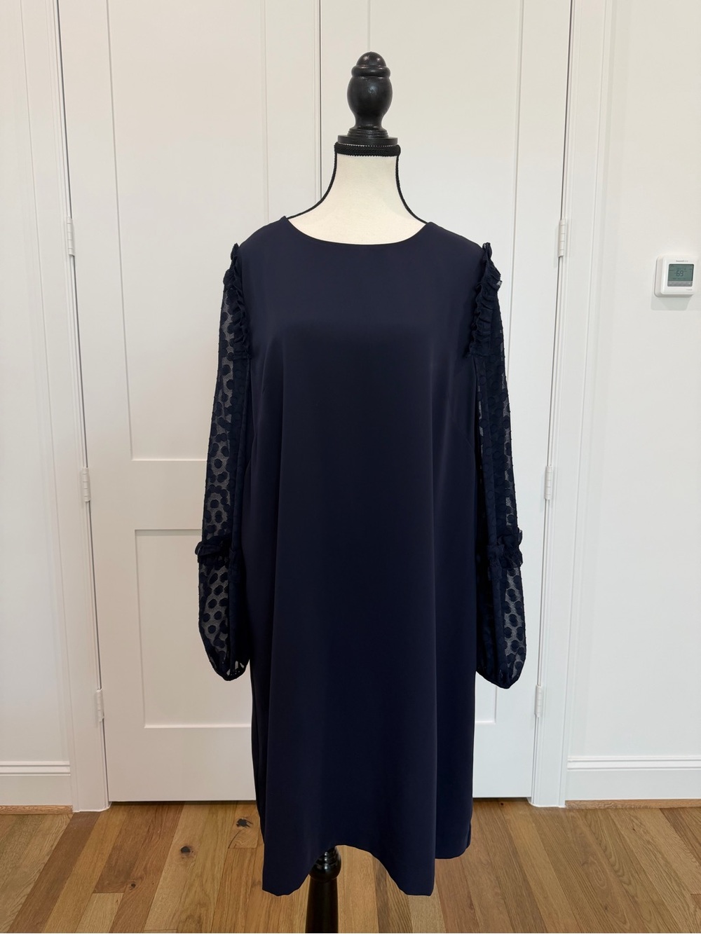 ann taylor blue polka dot dress Women’s Size 18 Navy Sheer Sleeve Shift Size:Adult | M6 Tall black Party & Bridesmaid Gown Elastane Lining 100%